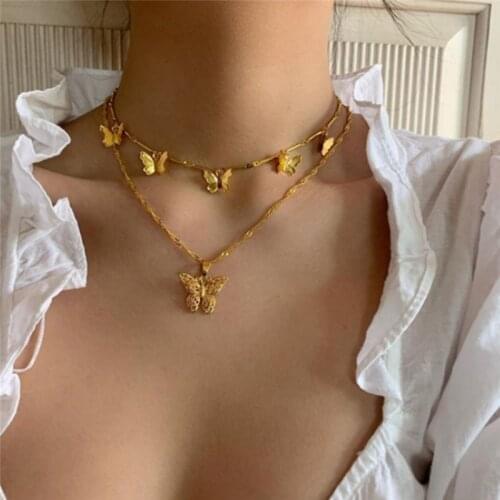 Trendy Multilayer Butterfly Choker Necklace For Women Popular Gold Color Chain Chocker collar collier femme Statement jewelry