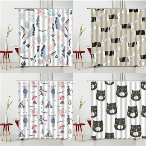 Cartoon Shower Curtain Set Owl Rabbit Printing Pattern Childrens Bedroom Curtain Waterproof Polyester Fabric Bathtub Decoration