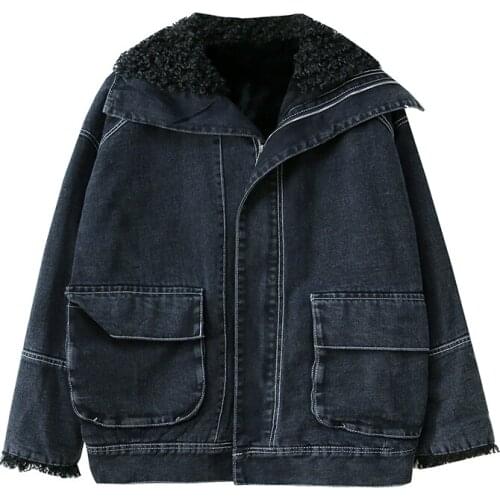 2020 Womens Winter New Black Big Pockets Plus Velvet Denim Coat Female Lamb Hair Thick Loose Mid-Length Cotton Coat Women Q338