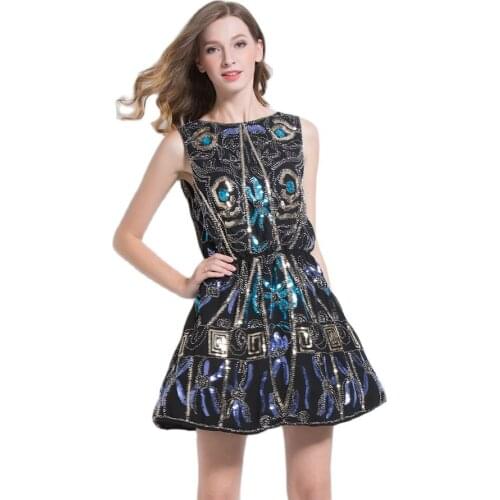 New Arrival Muyoms Vintage A-Line Floral Sleeveless Sequined Above Knee Mini Tank Black Natural O-Neck Summer Coktail Dress