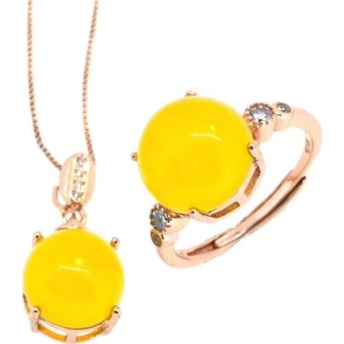New style Yellow chalcedony gemstone ring and necklace jewelry set with silver promotion price