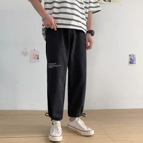 Wholesale 2020 Denim Jeans mens wild Korean trend loose straight wide-leg cropped trousers brand casual long harem pants