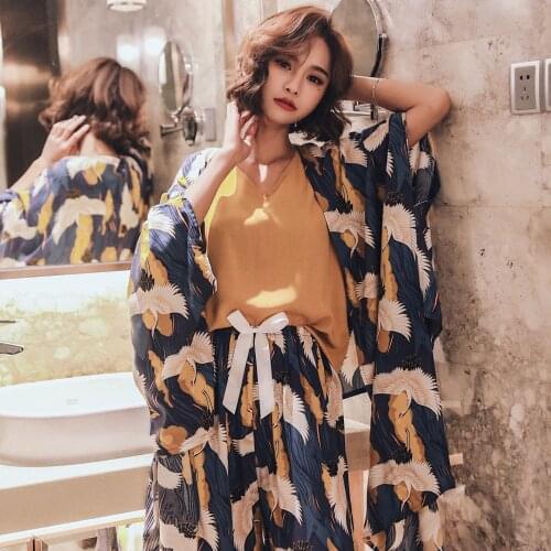 3 Piece Pajama Set Women Summer Autumn Silk Sexy Satin Pajamas Korean Japanese Tropical Floral Printed Schlafanzug Shorts