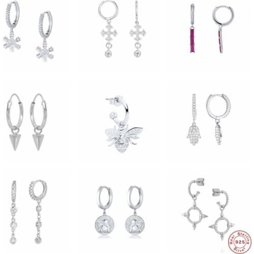 GS 925 Sterling Silver Shiny Zircon Bee Pendant Dangle Earrings Luxury Crystal Pave Eye Cross Snowflake Charm Drop Earrings