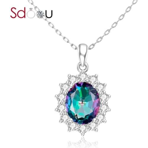 SDOOU Sterling Silver Pendant For Women Silver 925 Pendant Necklace Mystical Rainbow Topaz Vintage Jewelry Clothing Accessories