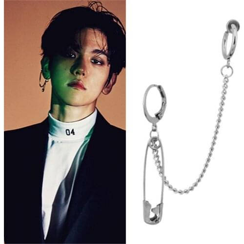 KPOP DNA Korean popular Tassel Asymmetric Pin Chain V Earring Exaggerate Safety Pin Earrings For Women Men Punk