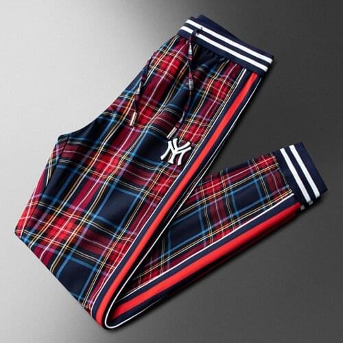 Light luxury red plaid casual sports pants spring and summer new beam feet slim drawstring drawstring pants trendy wild han