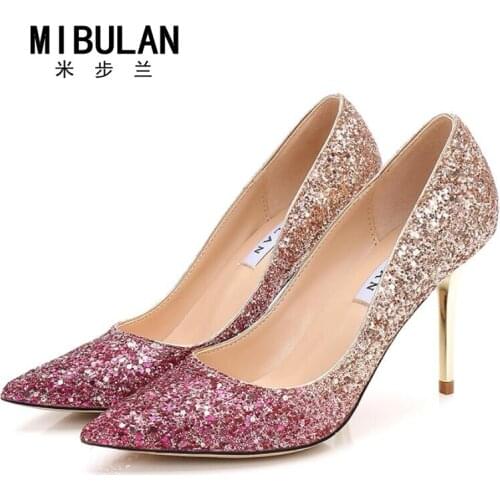 Shoes woman 2019 shiny fashion sexy sequined cloth wedding shoes shining Gradient color big size party pumps zapatillas mujer