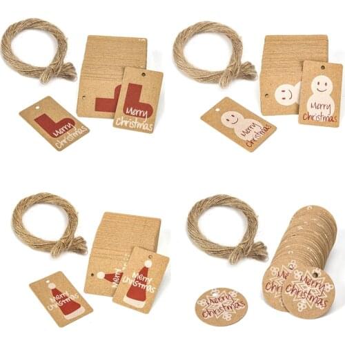 Merry Christmas Gift Label Tags Hat Snowman Stockings Pattern Writtable Kraft Paper Gift Tags with Hemp Rope