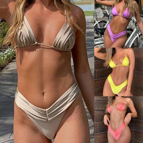 2021 Summer Women Bikinis Set Pleated High Cut Bathing Suit Backless Lacing Bra Thong Two Piece Swimming Suit Bikini Beach Wear