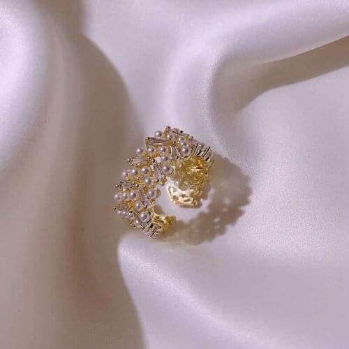 Vintage Korean Style Pearl Zircon Ring for Women Girl Simulated Pearl Open Finger Rings Fashion Wedding Party Jewelry Wholesale