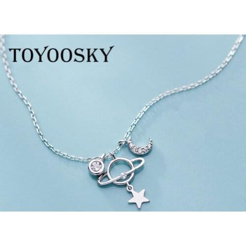 Real 925 Sterling Silver Zircon Moon Star Planet Choker Necklace For Fashion Women Birthday party Fine Jewelry Cute Accessories