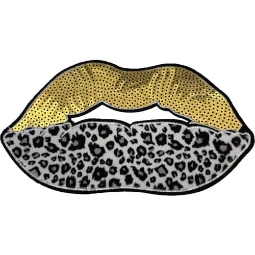 9" Leopard Gold Lips Patches Sew on Sequned Patch DIY Decoration Patch