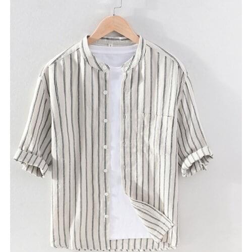 1027 Mens Shirt Linen Summer Harajuku Classic Party Slim Fit Stand Collar Striped Half Sleeve Pocket Button Top Casual Clothing
