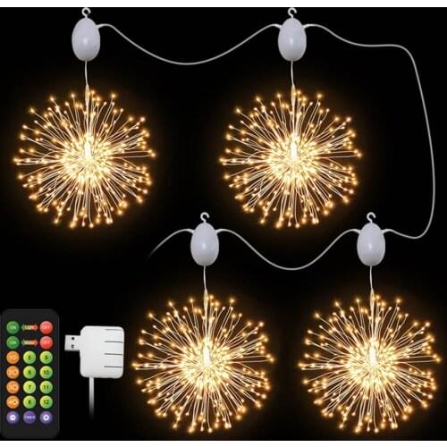 4 Packs Hanging Starburst Fireworks Lights Remote Control Copper Fairy Garland Xmas Lights Twinkle Lamp Holiday Party Decor