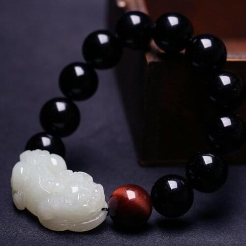 Natural hetian jade hand carved brave troops bracelets obsidian for couples beads bracelet with jade bracelet 14mm