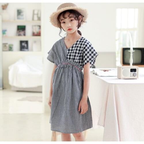 Children 2021 Summer Plaid Dress For Girls Loose Waist Splicing Princess Dress 5 To 14 Years Old Clothing Vestido