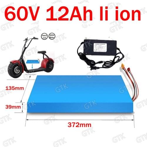 GTK 60V 12Ah Lithium-ion Battery 18650 BMS for two Wheel Foldable citycoco scooter 350w 750w motor Replacement + 2A charger