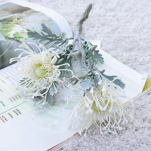 Tufted Chrysanthemum Wedding Decor Fake Flowers 2 Heads Fashion Simulation Chrysanthemum Beautiful Plastic Bridal Bouquet 38cm