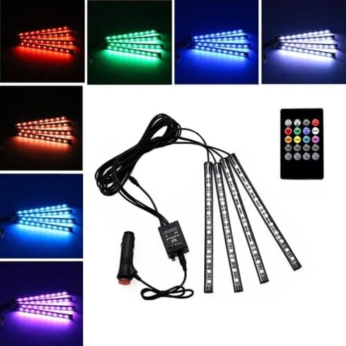 JEAZEA 12V DC LED Car Interior Floor Atmosphere Light Music Control Multi-color Decal Lamp Wireless Remote Cigarette lighter