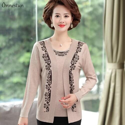 Real Two Pieces Sets Sweater Women Autumn Long Sleeve Mother Sweater Set Cardigan High Quality Print Sweater For Women