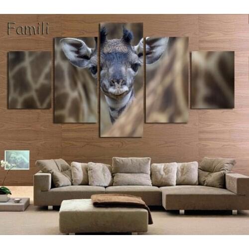 Fashion HD Wall Art Oil Painting Giraffe Pictures African Landscapes Canvas Painting 5 Panel Home Wall Decor Pictures No Frame