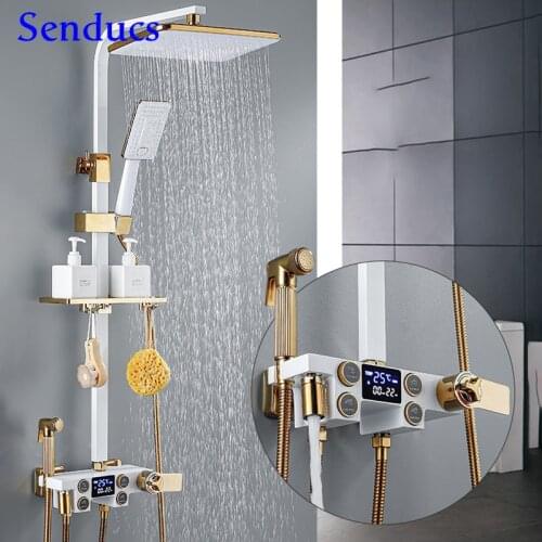 Bathroom Shower Set White Gold Bathroom Mixer Tap 10 Inch Rainfall Shower Head Digital Shower System Thermostatic Shower Suit