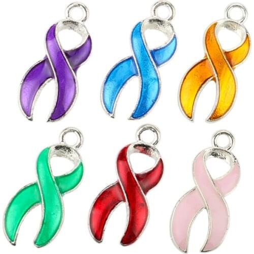 Silver Plated Enamel Hope Ribbon Cancer Charms Pendants for Jewelry Making DIY Handmade Craft Accessories 23X10mm