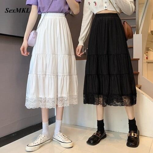 Casual Tulle Midi Skirts Womens 2021 New Summer Elastic High Waist Tutu Pleated Skirt Women Black White Lace Vintage Long Skirt