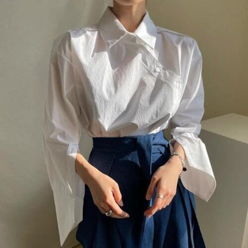 Korean Irregular Collar Design Long Sleeve Blouse Women Hit Color Striped Patchwork Loose Blusas Spring 2021 New Shirt