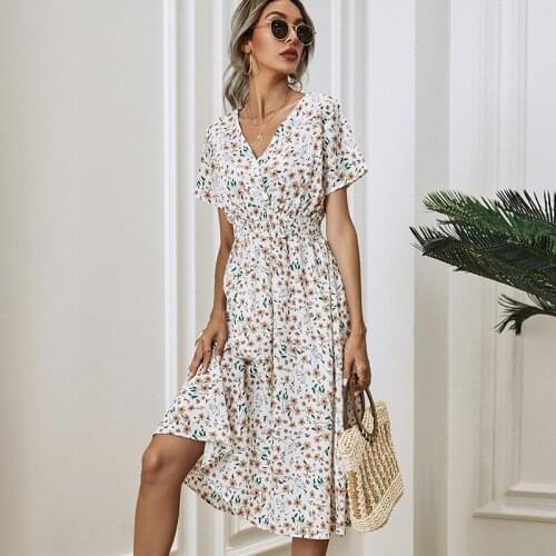 Happie Queens women floral print short sleeve beach sexy Bohemian midi dress Ladies v-neck Boho sundress vestidos
