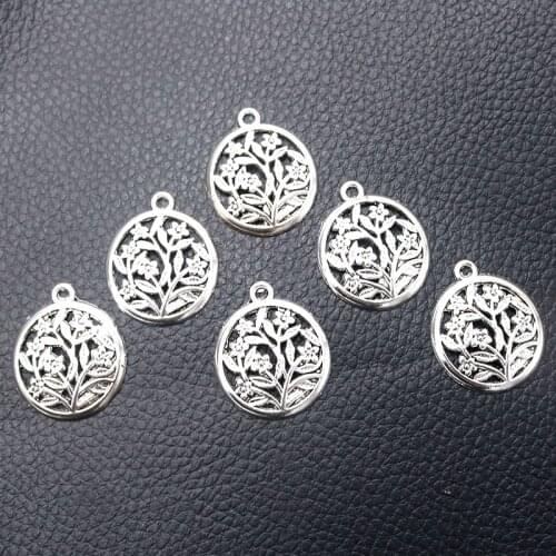 12pcs/lot Silver Plated Flower Round Tag Charm Metal Pendants DIY Necklaces Bracelets Jewelry Handicraft Accessories 27*23mm