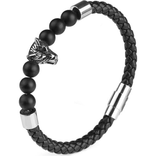 Natural Stone Genuine Leather Bracelets Matte Black Agate Stainless Steel Magnetic Clasp Charm Bangles Jewelry For Men