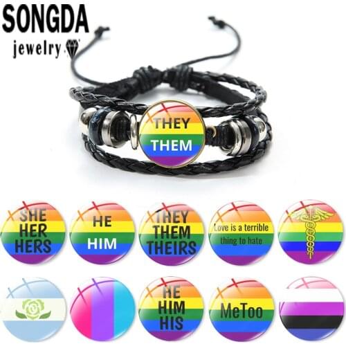 SONGDA Bracelets Lgbt Gay Pride Flags Black Bracelets Glass Cabochon Multilayer Handmade Braided Leather Bracelet Jewelry Gifts
