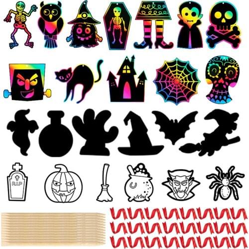 Halloween Scratching Paper Art Set for Kids 24pcs Colorful Scratching Card 24pcs Ribbon 12pcs Pen Halloween Decorations Supplies