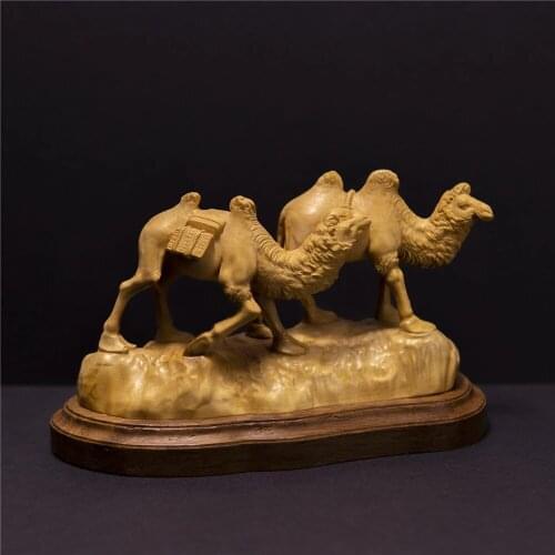 15CM Two Camels Animal Sculpture Boxwood Feng Shui Creative Chinese Solid Wood Carving Crafts home Decoration