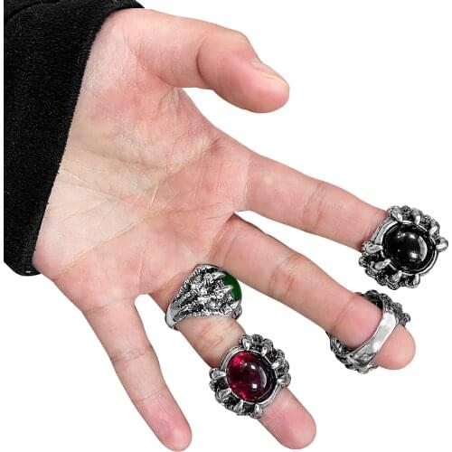 Dragon Claw Retro Punk Goth Black Red Gem Stone Mens Alloy Cast Ring Gothic Punk Men Bijoux Mens Big Stone Ring