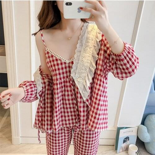 Cute Sweet Plaid 3 Piece Set Cotton Pajamas Women New Autumn Winter Home Clothes Sexy Sling Shirt + Cardigan + Pant Pijama Suit
