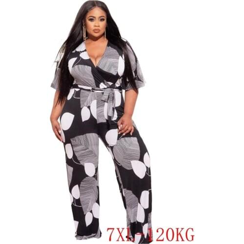 Summer plus size jumpsuit 4XL-7XL fashion womens sexy V-neck short sleeve black and white printing casual plus size jumpsuit