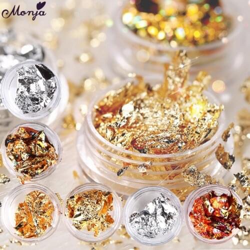 Monja 12 Jar Nail Art Gold Silver Metal Paillette Flake Foil 3D DIY Sticker Decals Decoration