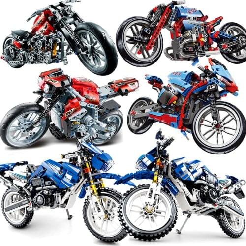 Motorcycle Compatible Moto Racing Motorbike City Vehicle Sets Off Road Model Building Blocks MOC Kits Kids Toys
