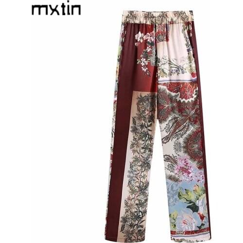 MXTIN 2021 Women Spring Vintage Patchwork Print Straight Pants Fashion Elastic Waist Fly Side Pockets England Style Trousers
