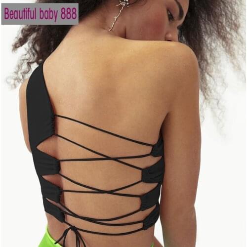 Meqeiss 2020 New One Shoulder Fashion Sexy Backless Lace Up Crop Tops for Women Summer Bandage Top Cropped Sleeveless Top Solid