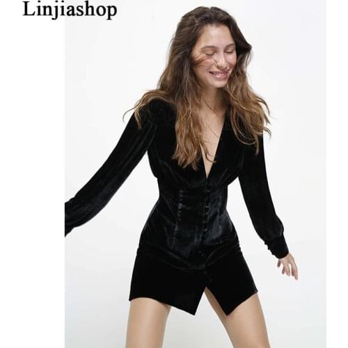 New Women Vintage V Neck Black Slim Mini Dress Soft Lady Long Sleeve Chic Femme Vestidos