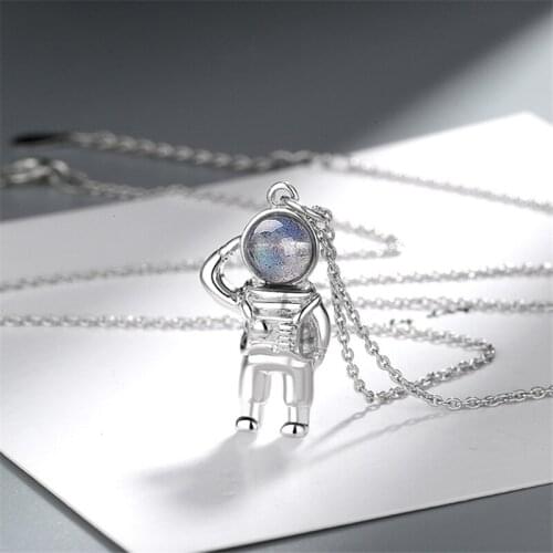Silver 925 Charm Necklaces For Man Women Astronaut Opal Gem Pendant & Necklace Long Chain 24 inch Collier Hip Hop Jewelry Bijoux