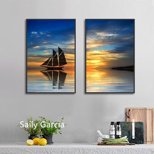 Natural Sea and Sky Scenery Bird Boat Canvas Painting Nordic Poster Print Wall Art Pictures For Living Room Home Office