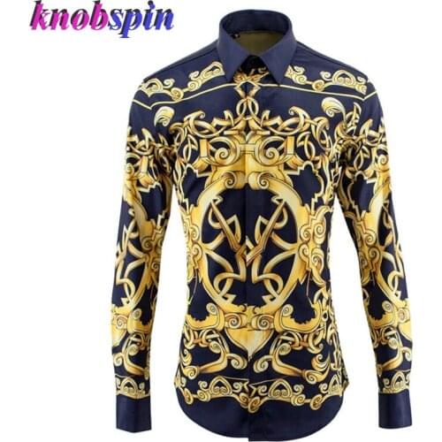 Europe Royal Stage style Print Shirt men 2019 Turn-down collar long sleeve Slim Casual Chemise homme Business male Dress Shirts