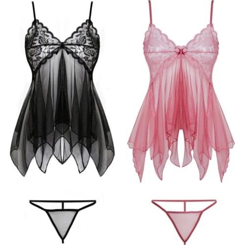 Sexy Lingerie Women Silk Lace Sleeveless Babydoll V Neck Nightdress Nightgown Short Sleepwear Night Dress Underwear