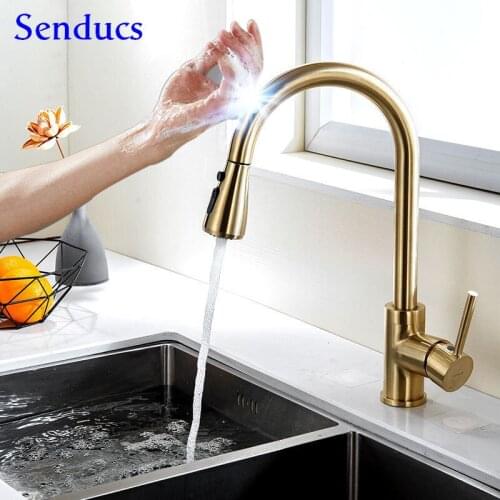 Sensor Kitchen Faucet Senducs Gold Touch Kitchen Faucet Stainless Steel Pull Out Kitchen Mixer Tap Brushed Gold Touch Water Tap