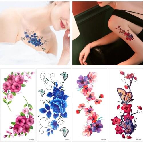 Fashion Rose Peony Flower Girls Temporary Tattoos For Women Waterproof Black Tattoo Stickers 3D Blossom Lady Shoulder DIY Tatoos